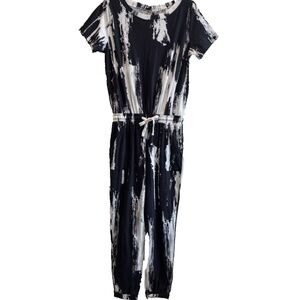 Women's Casual Round Neck Elastic Drawstring Waist Tie Dye Jumpsuit L
